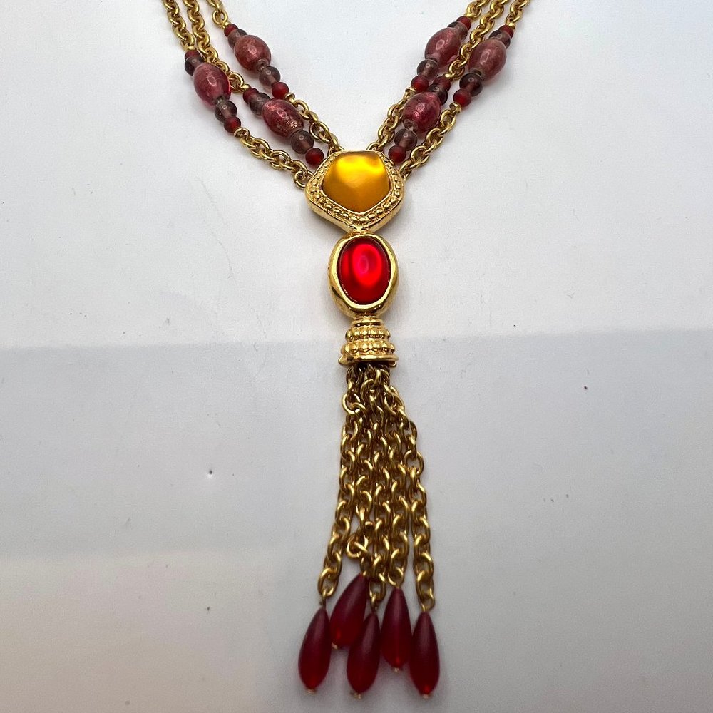 Monet Vintage Triple Strand Glass Bead Accent Tassel Necklace
